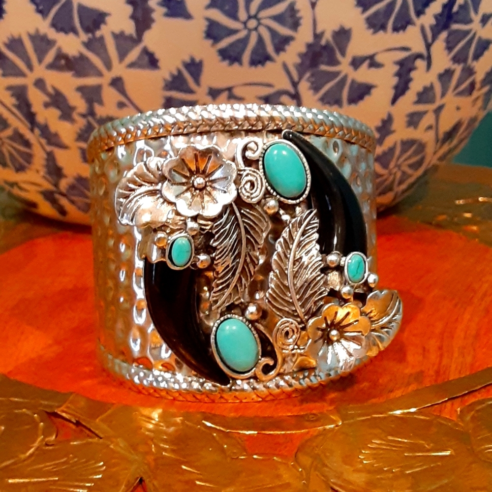 Blue howlite hammered floral cuff bracelet